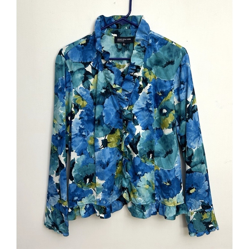Jones New York Blouse Top Sz XL Blue Green Floral Ruffled Collar Front Cuff